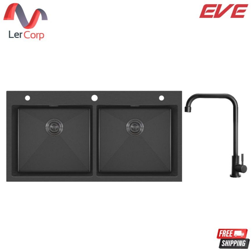 (Eve) ซิงค์ล้างจานสแตนเลส 2 หลุม 100 x 51 ซม. รุ่น LUNA 2B 1000/510 พร้อมแถมฟรี ก๊อกน้ำ ANGULAR