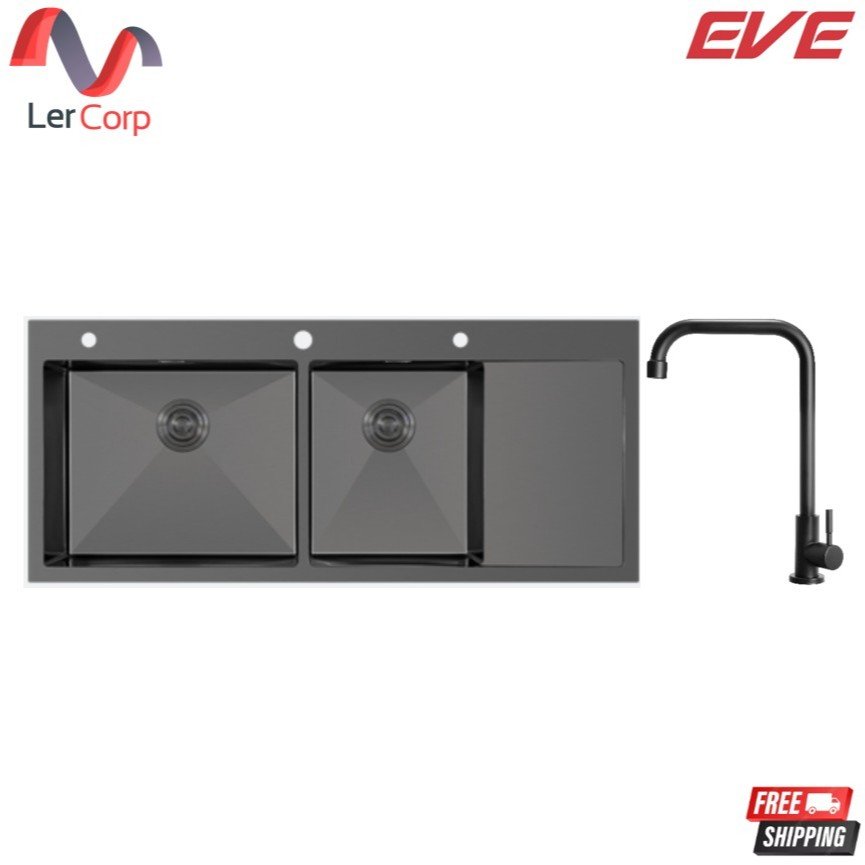 (Eve) ซิงค์ล้างจานสแตนเลส 2 หลุม พร้อมที่พักจาน 120 x 51 ซม. สีดำด้าน Matte Black รุ่น LUNA 2B1D 1200/510 แถมฟรี ก๊อกน้ำ ANGULAR