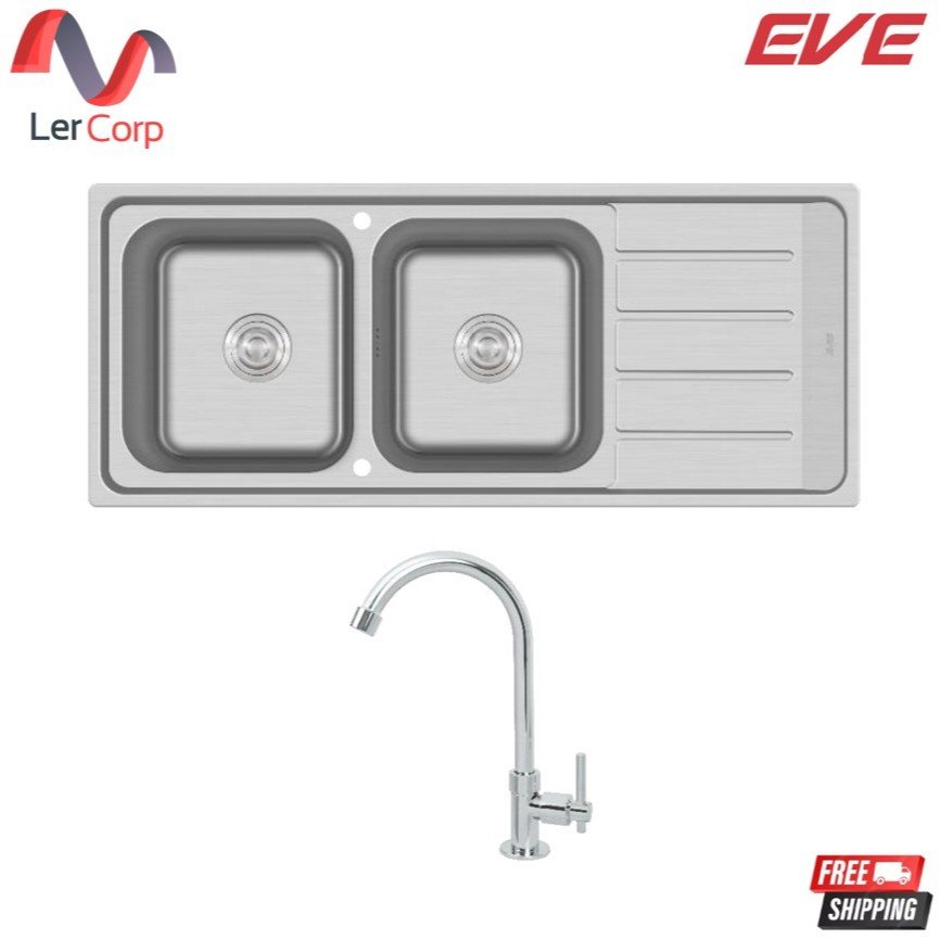 (Eve) ซิงค์ล้างจานสแตนเลส 2 หลุม พร้อมที่พักจาน 120 x 50 ซม. รุ่น AQUATWIN 1200/500 แถมฟรี ก๊อกน้ำ EMMA