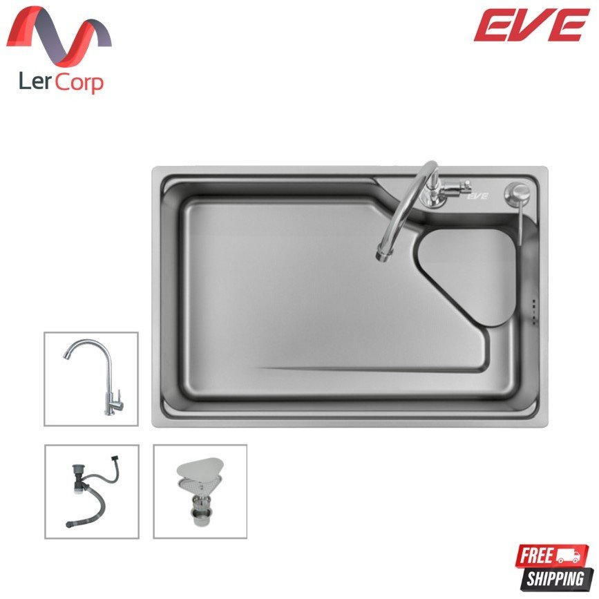 (Eve) ซิงค์ล้างจานสแตนเลส 1 หลุม ไม่มีที่พัก 68 x 45 ซม. รุ่น ETHER 680/450 (Exclusive Dealer) แถมฟรี ก๊อกน้ำ BELLE