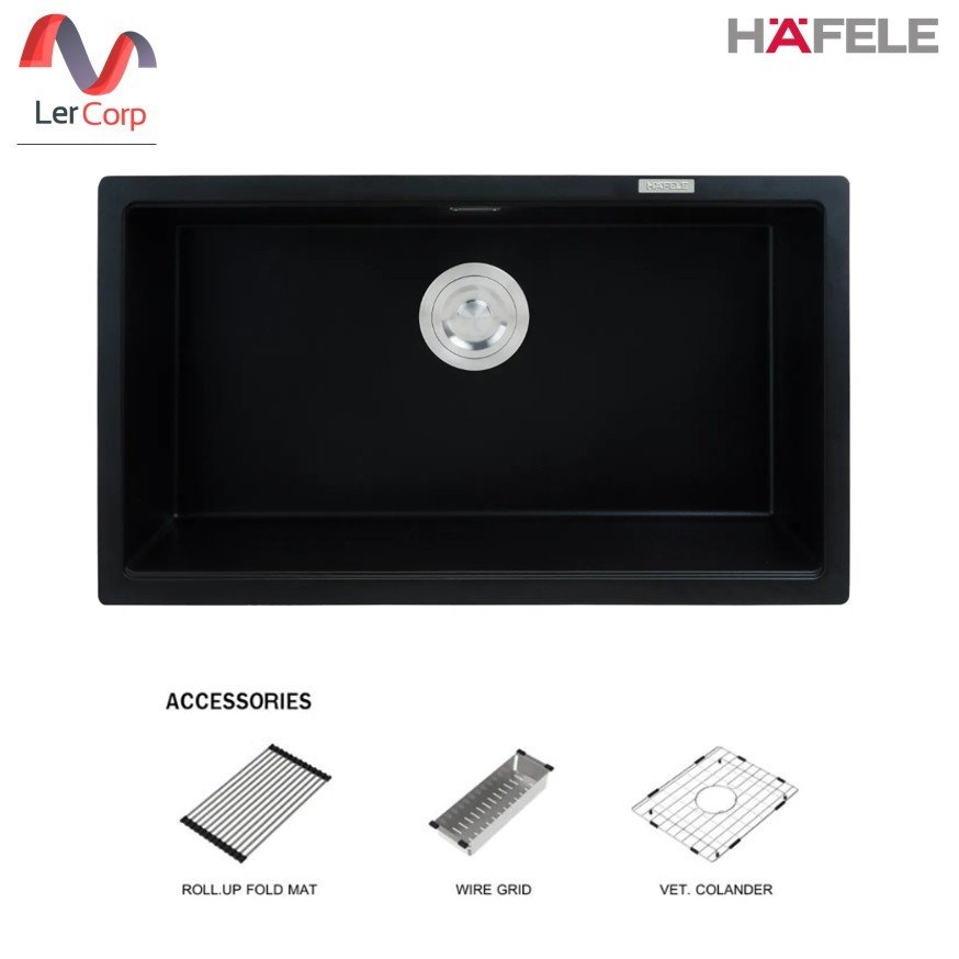 (Hafele) อ่างล้างจานหินแกรนิต STONEQ-780U 1 หลุม Under Mount ขนาด 780x440 มม. พร้อมอุปกรณ์เสิรม (Deep Black)(495.39.634)