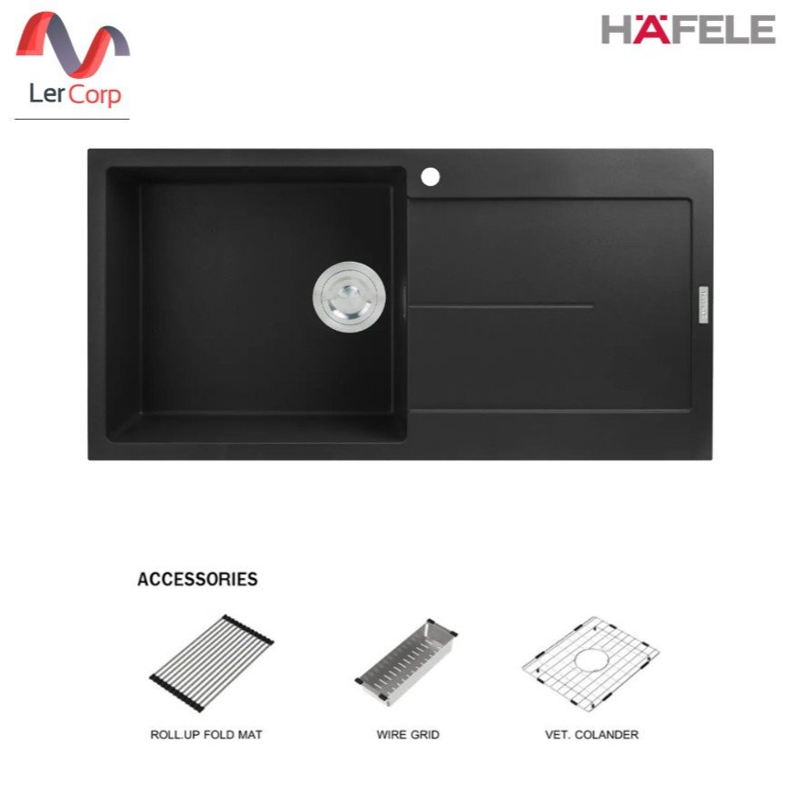 (Hafele)อ่างล้างจานหินแกรนิต STONEQ-D100L 1หลุม 1ที่พัก Top Mount 1,000x500มม. พร้อมอุปกรณ์เสิรม (Metallico)(495.39.632)