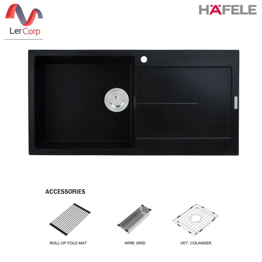 (Hafele)อ่างล้างจานหินแกรนิต STONEQ-D100L 1หลุม1ที่พัก Top Mount 1,000x500มม. พร้อมอุปกรณ์เสิรม (Deep Black)(495.39.637)