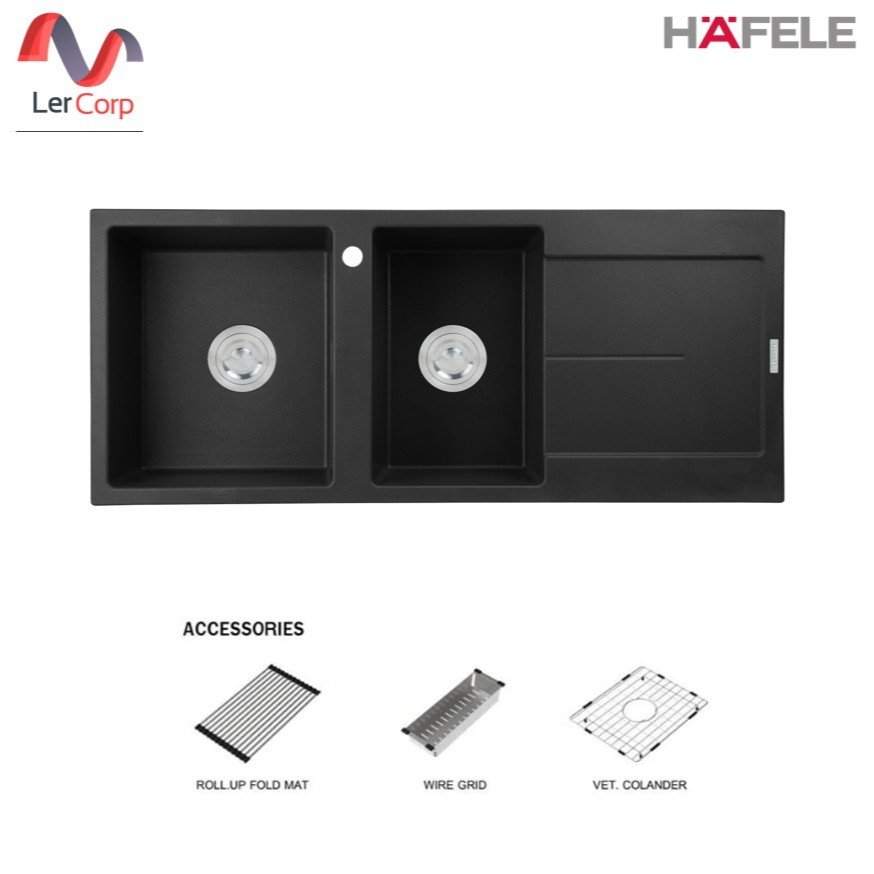 (Hafele)อ่างล้างจานหินแกรนิต STONEQ-D200L 2หลุม1ที่พัก Top Mount 1,194x500มม. พร้อมอุปกรณ์เสิรม (Metallico)(495.39.633)